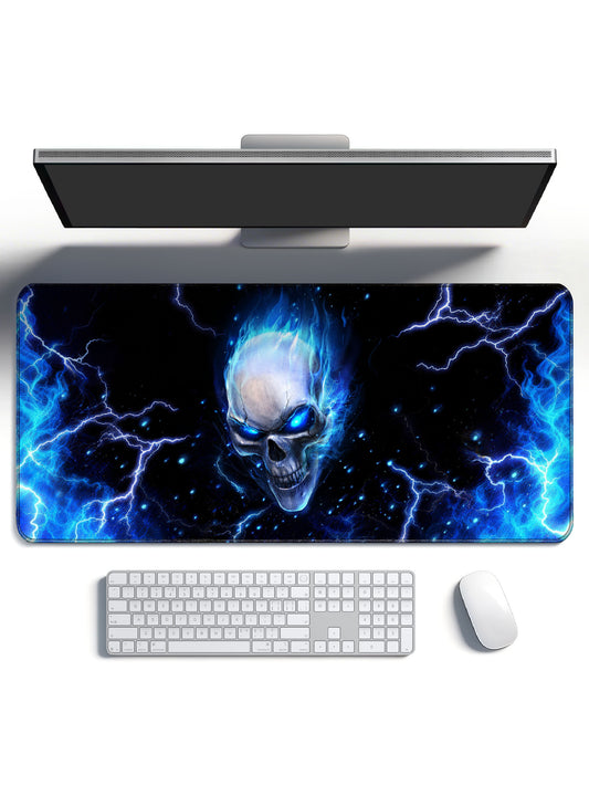 Blue Flame Skull Close-Up With Glowing Eyes & Lightning Desk Mat