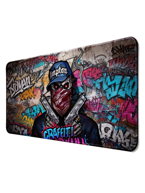 Skull With Compton Cap & Dual Pistols In Graffiti Wall Desk Mat