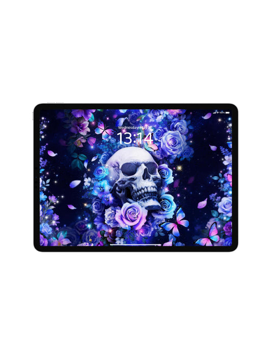 Blue Purple Roses Butterfly Skull Digital Wallpaper