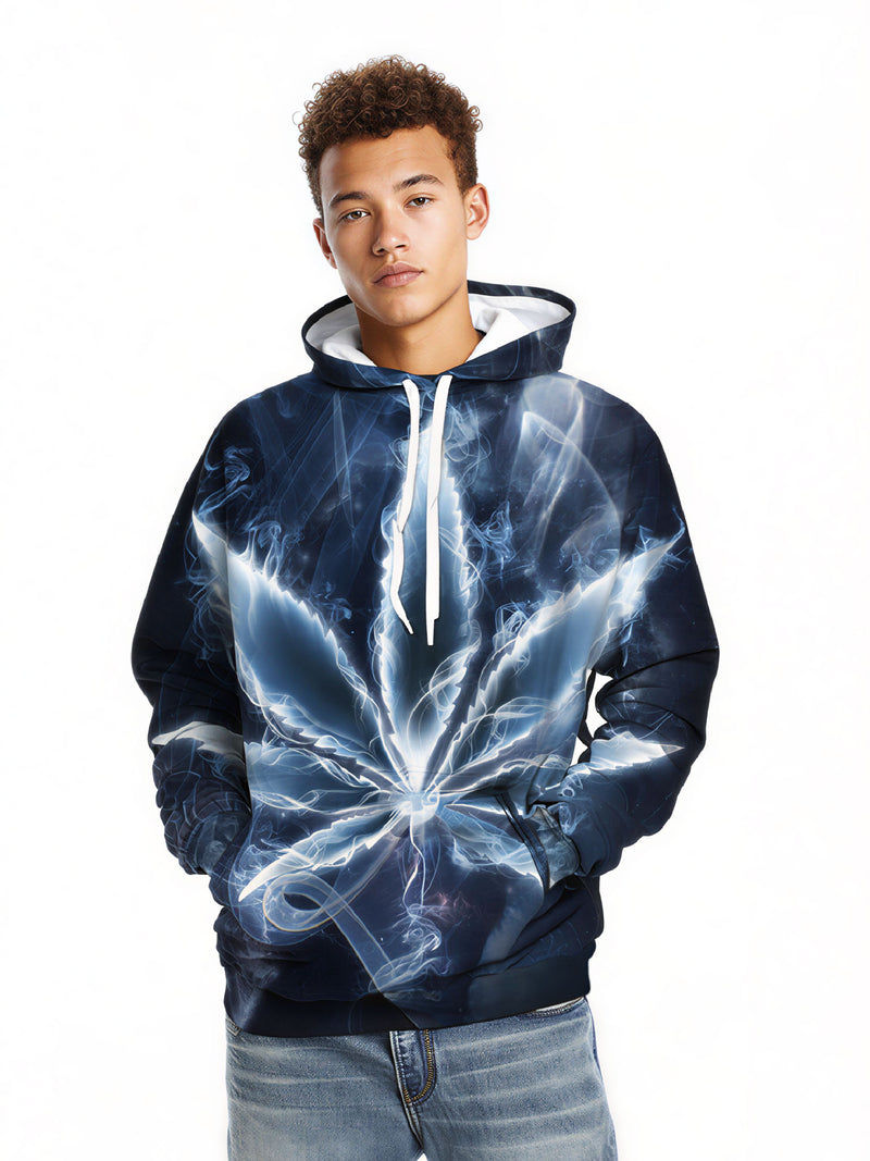 Unisex Pullover Hoodie with 3D All Over Print: Glowing Smoke Cannabis Leaf in Cosmic Nebula, Streetwear Aesthetic, Soft Cotton Blend, Loose Fit for Men Women