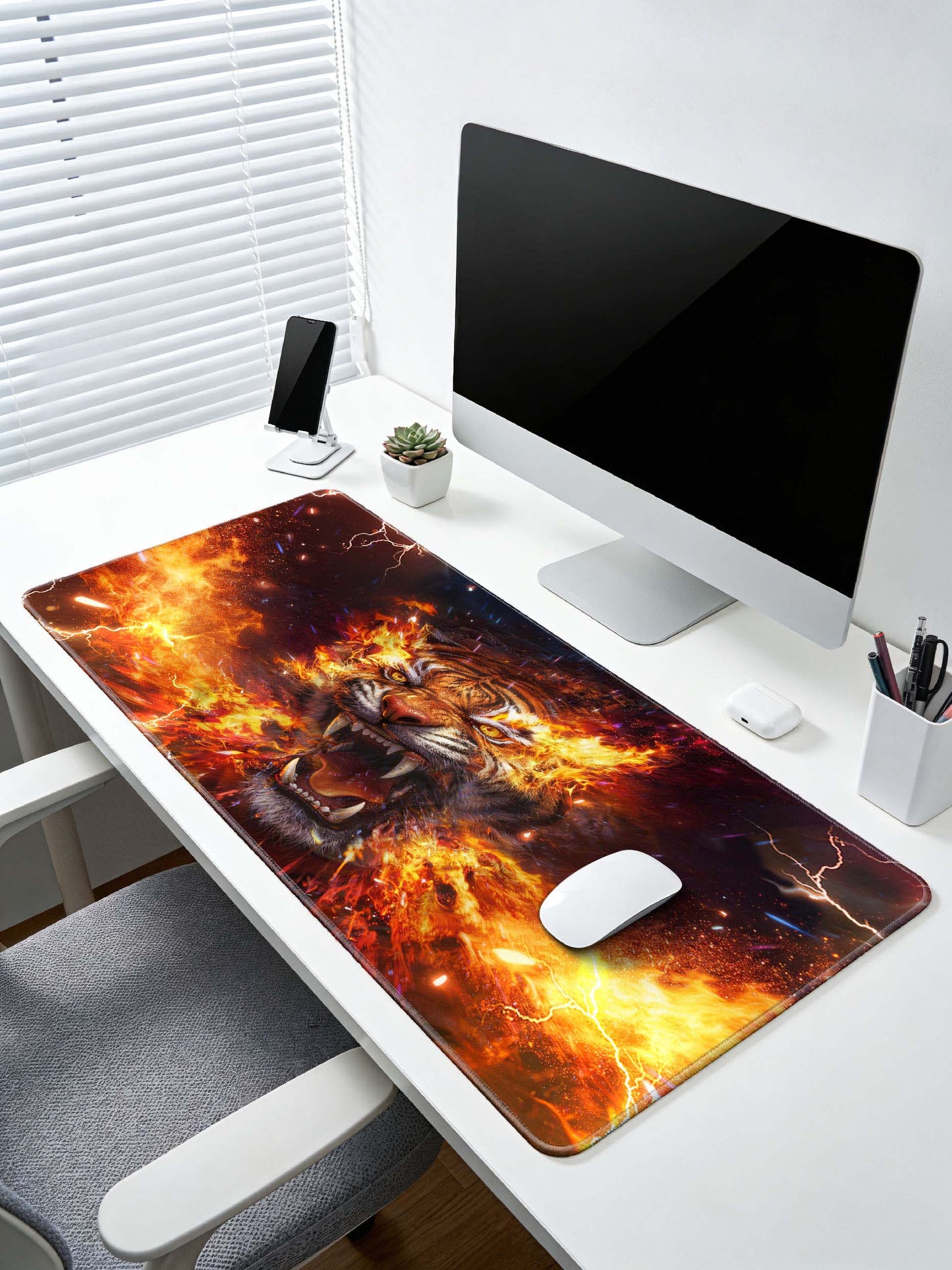 Fiery Tiger Roaring With Lightning & Flames Large Gaming Desk Mat