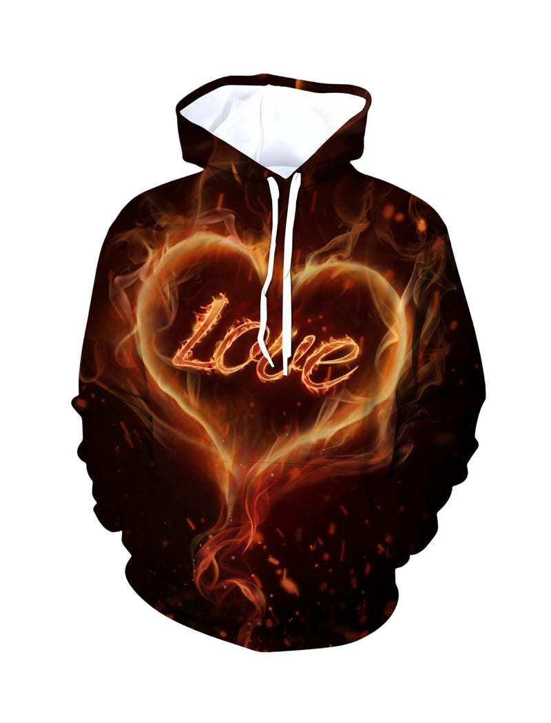 Unisex Pullover Hoodie with 3D All Over Print featuring Fiery Heart and “Love” Script in Y2K Aesthetic, Soft Cotton Blend, Loose Fit Casual Streetwear