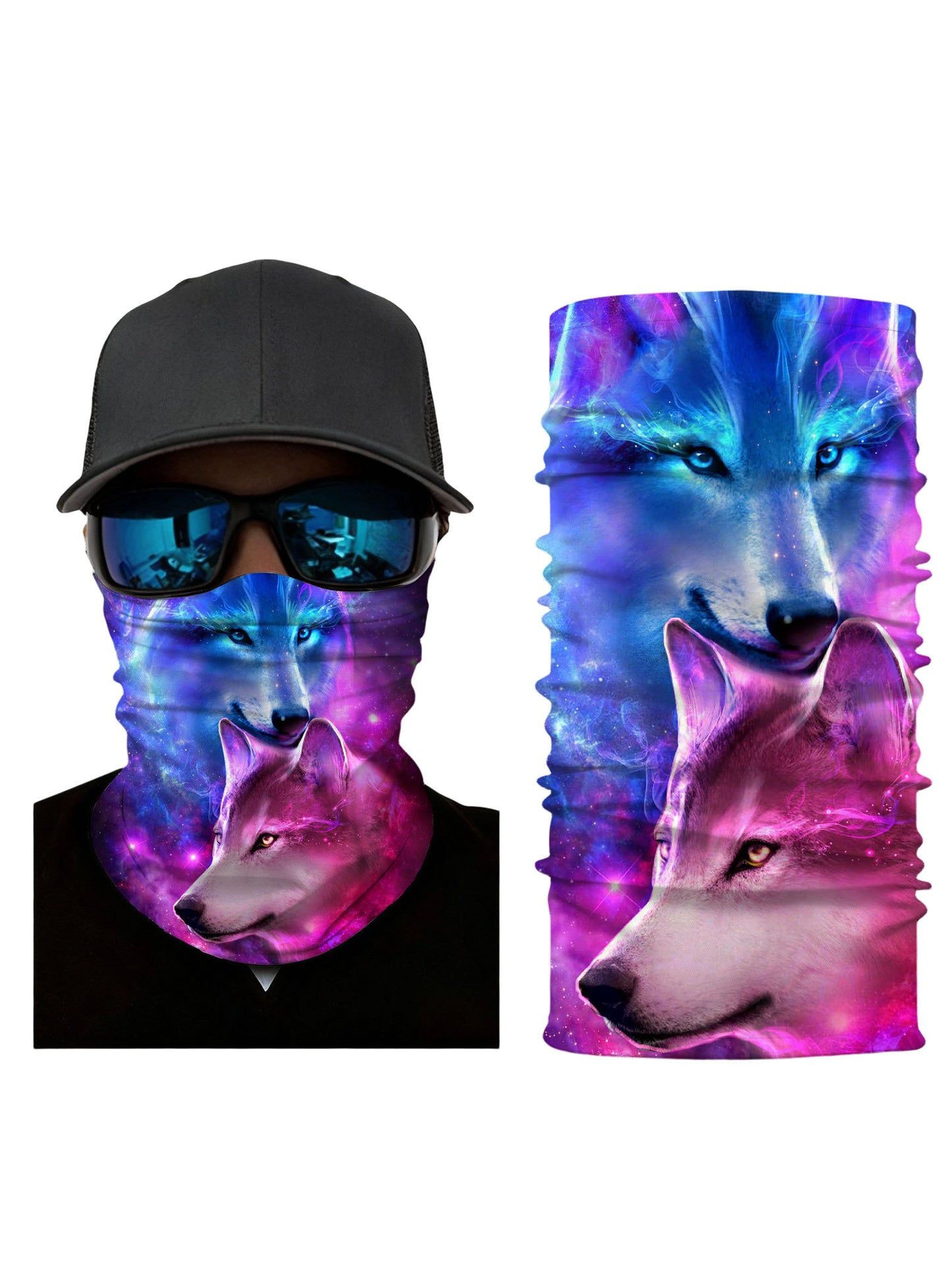 Neck Gaiter with 3D all over print galaxy nebula wolves, Aesthetic style unisex tube face mask breathable fabric windproof for outdoor sports