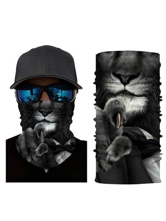 Unisex Balaclava with 3D all over print featuring a sophisticated lion in tuxedo, streetwear aesthetic, soft stretchy and breathable fabric for urban fashion lovers