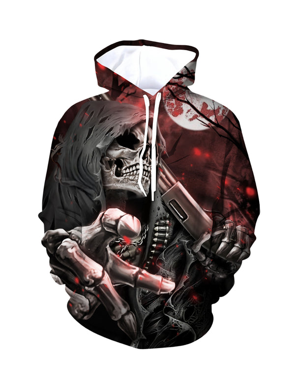 3D Blood-Red Moon Double Guns Skull All Over Print Hoodie Gothic Dark Aesthetic Streetwear for Men Women