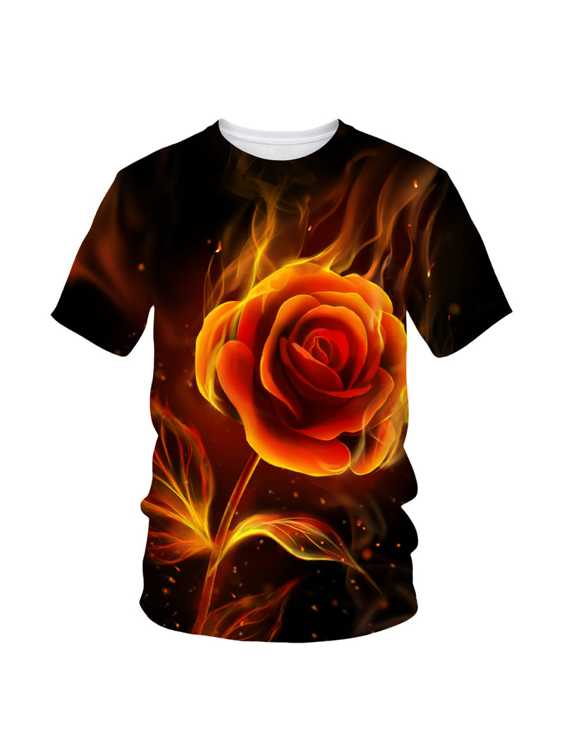 3D Flaming Rose All Over Print T-Shirt for Men Women, Fire Flower Graphic Streetwear Sweatshirt