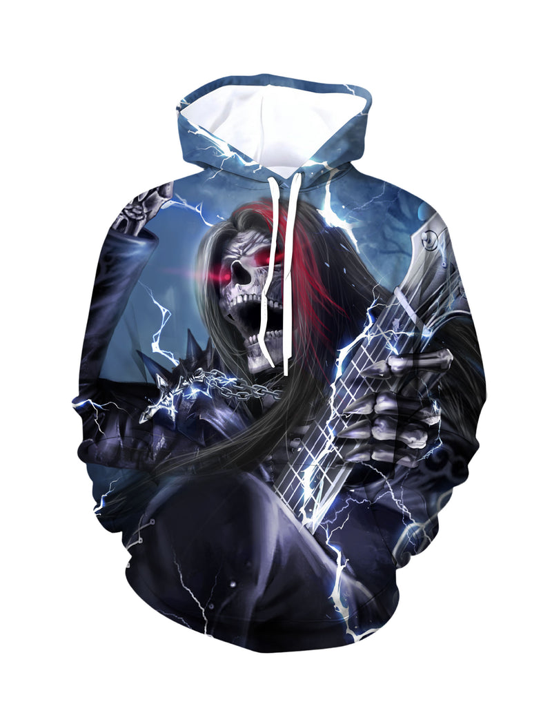 Skeleton Guitarist Hoodie with Lightning and Red Hair Design Men Women 3D All Over Print