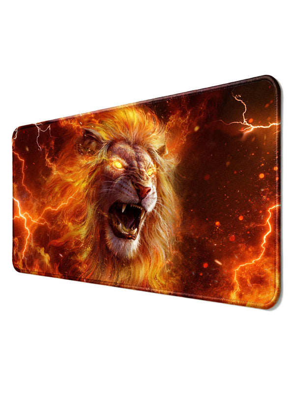 Fiery Lion Roaring With Lightning & Flames Large Gaming Desk Mat