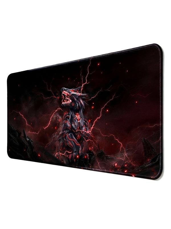 Cybernetic Red Wolf With Lightning In Ruins Large Desk Mat