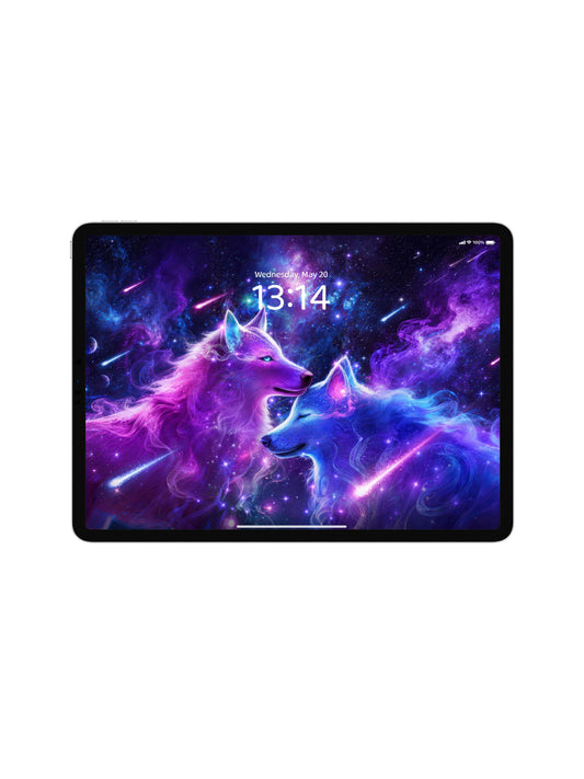 Snuggling Couple Purple Blue Galaxy Wolves Digital Wallpaper