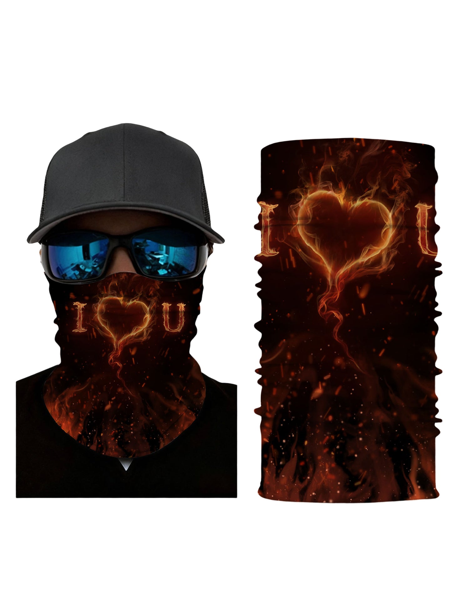 Tube Face Mask with 3D all over print flaming heart and I ♥ U text, Streetwear aesthetic unisex neck gaiter