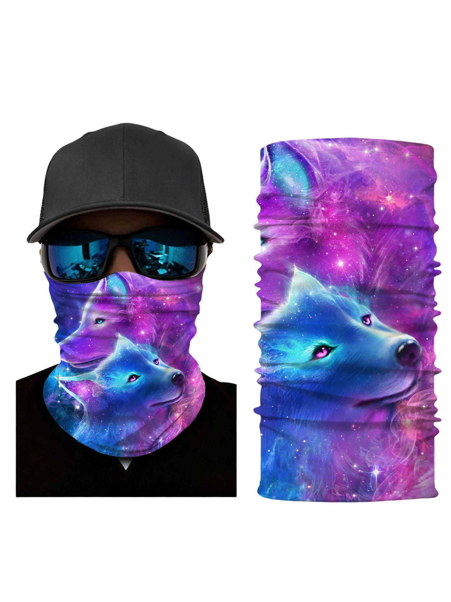 Neck Gaiter with 3D all over print galaxy nebula wolves, Aesthetic style unisex tube face mask, breathable fabric and soft stretchy for outdoor wear