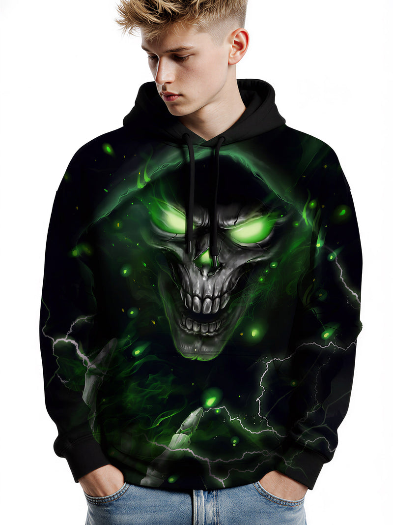 Men Women 3D All Over Print Skull Green Glow Hoodie Pullover Sweatshirt