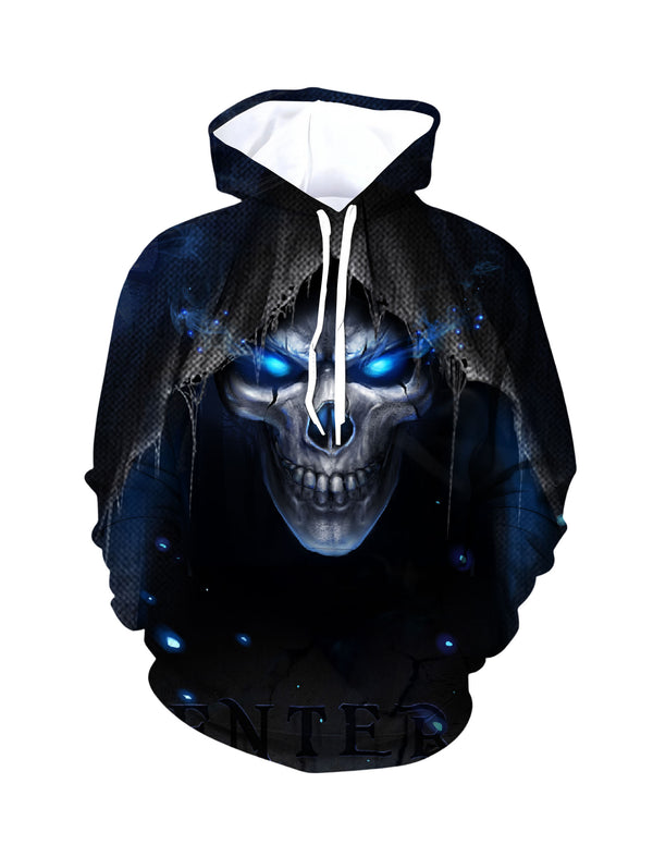 Men Women 3D All Over Print Skull Hoodie with Glowing Blue Eyes and Dark Hood Design
