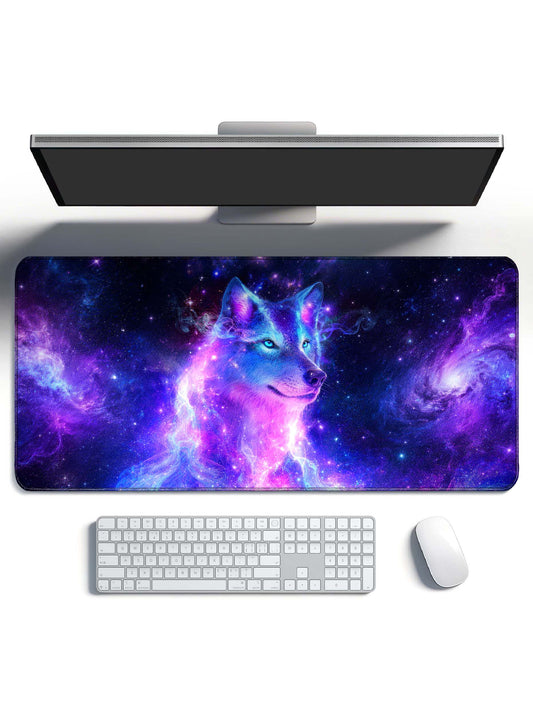 Side Profile Cosmic Wolf With Dual Galaxies & Nebula Desk Mat