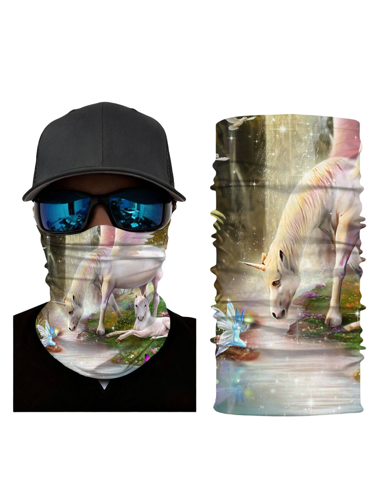 Unisex Neck Gaiter with 3D all over print featuring magical unicorn forest scene, fairy and butterfly details, Aesthetic style, soft stretchy breathable fabric for outdoor wear