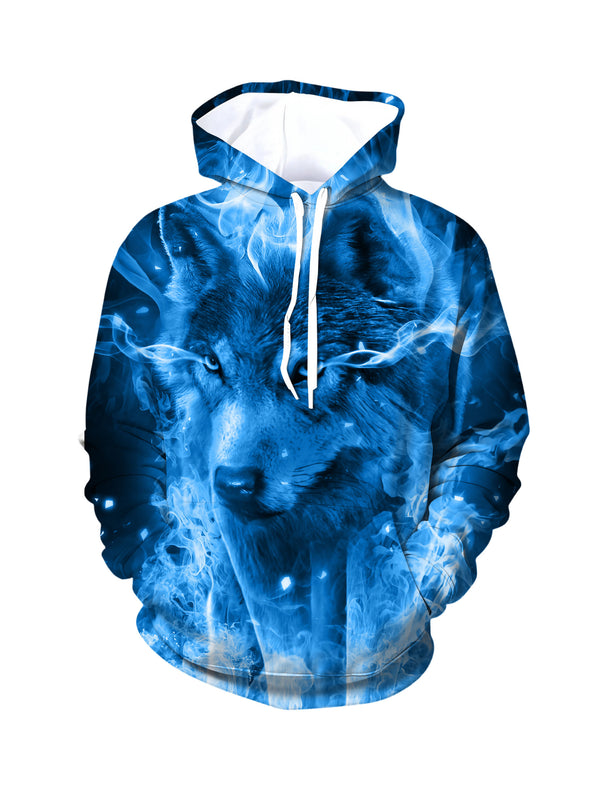 3D All Over Print Wolf Hoodie for Men Women Blue Flame Art Style