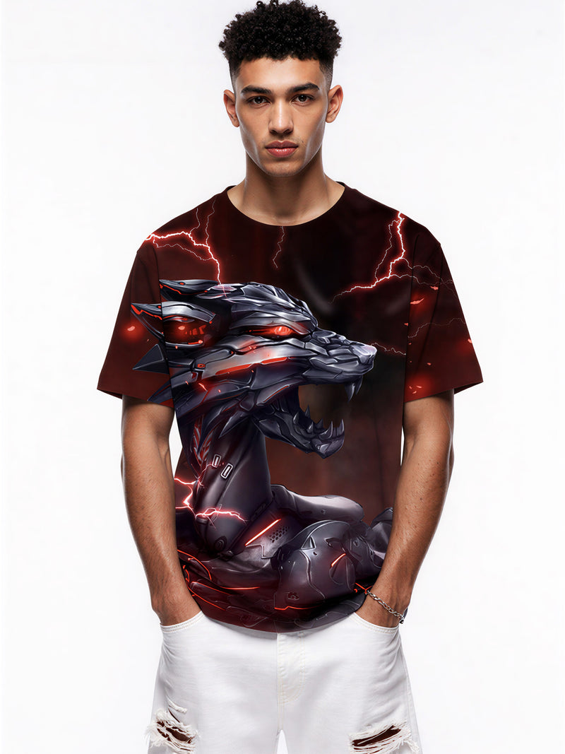 Unisex 3D All Over Print Cyber Wolf T-Shirt with Lightning Red Glow Design