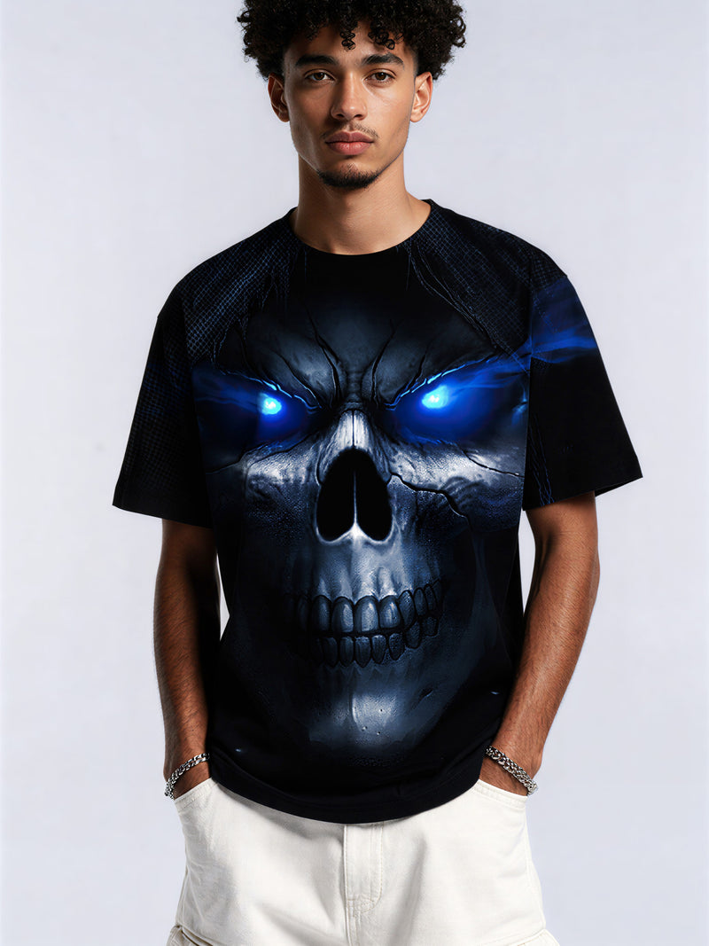 3D All Over Print Skull T-Shirt with Glowing Blue Eyes for Men Women, Gothic Streetwear Style