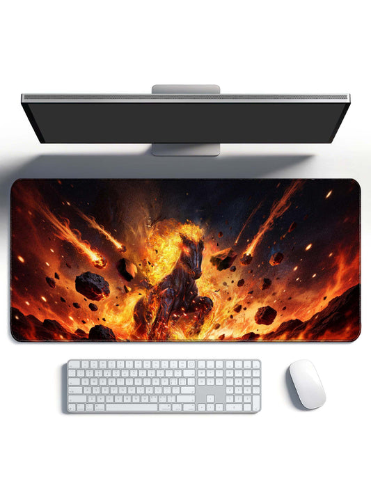 Fiery Horse Emerging From Meteor & Flame Storm Large Desk Mat
