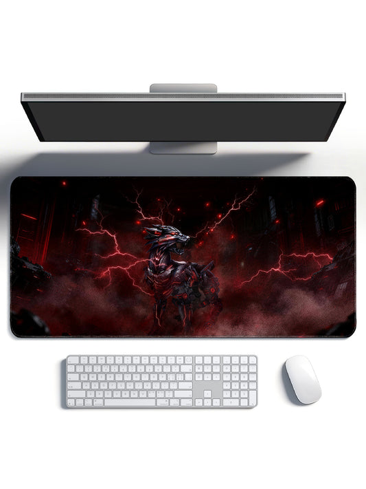Cybernetic Red Wolf Standing In Dark Futuristic City Large Desk Mat