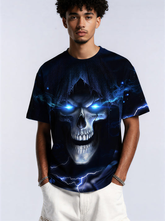 3D All Over Print Skull T-Shirt with Lightning Eyes for Men Women Gothic Streetwear