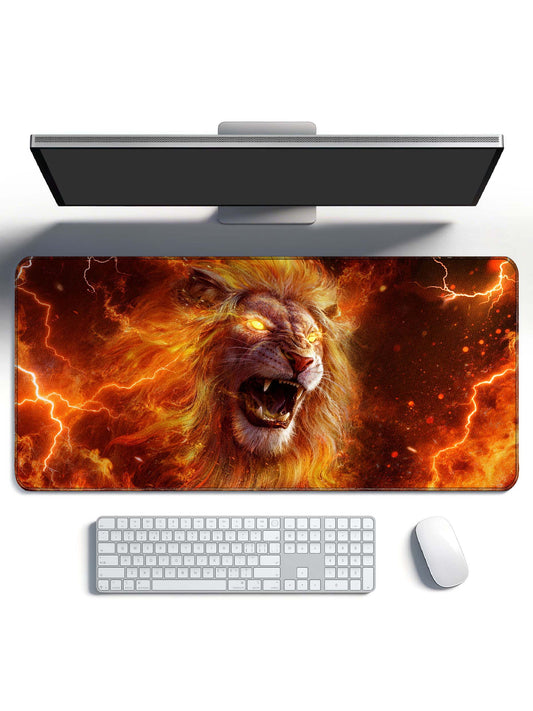 Fiery Lion Roaring With Lightning & Flames Large Gaming Desk Mat