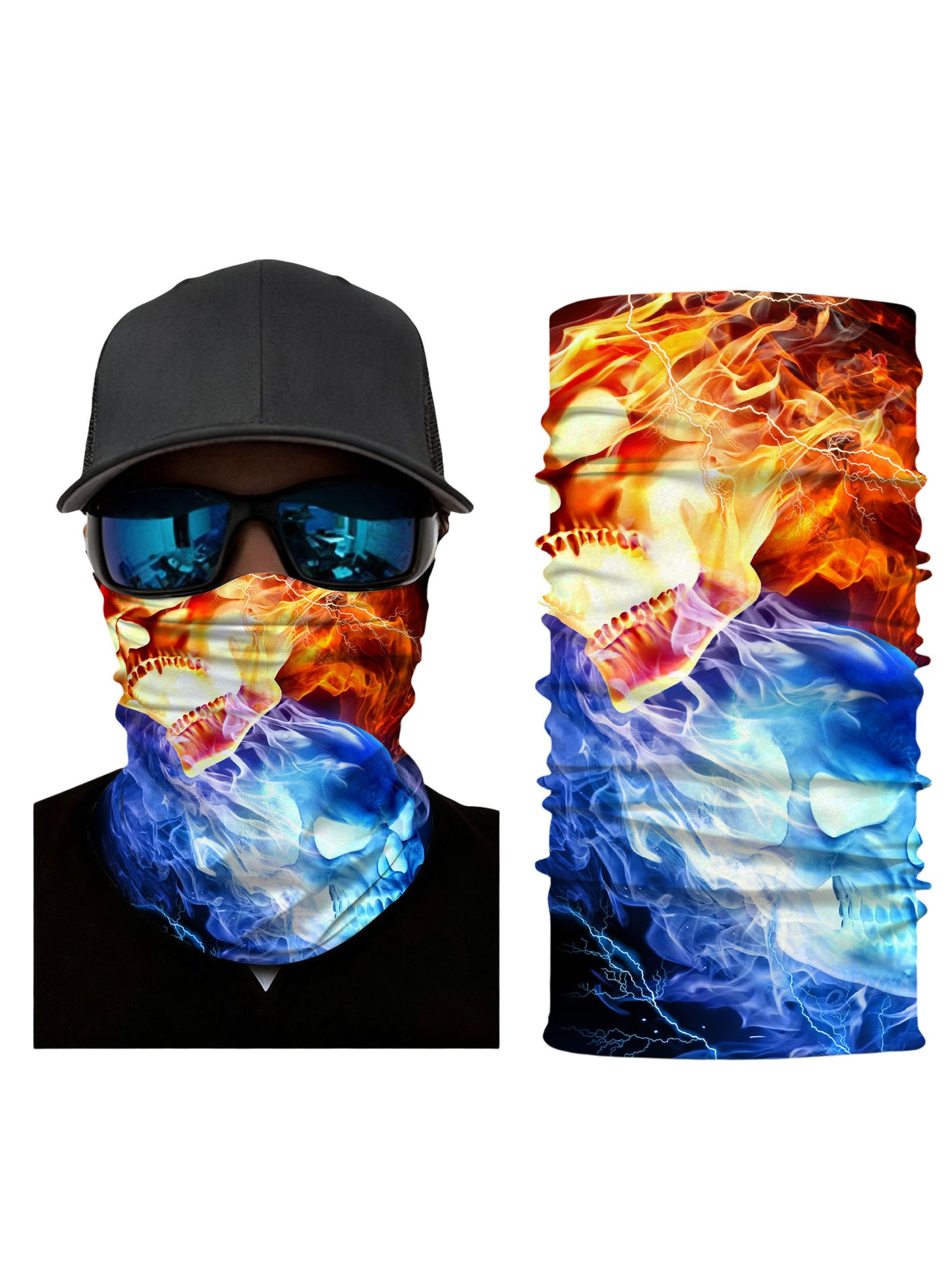 Tube Face Mask with 3D All Over Print Fire and Ice Skull Design, Streetwear Style Unisex Neck Gaiter, Breathable Soft Stretchy Fabric for Outdoor Activities