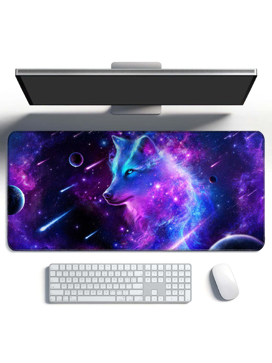 Side Profile Cosmic Wolf With Planets & Shooting Meteors Desk Mat