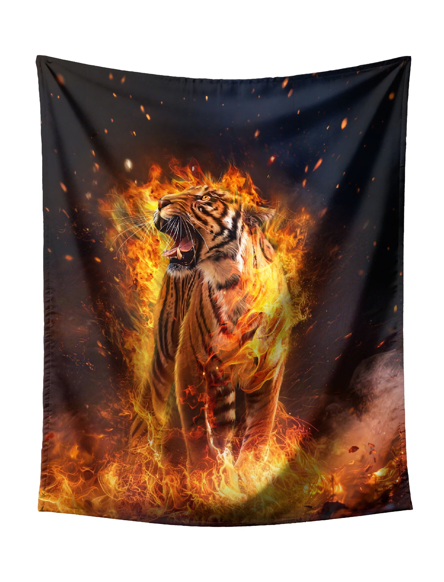 Fiery Tiger Standing With Flames Tapestry - Wild Dark Fantasy Wall Hanging for Bold Home Decor