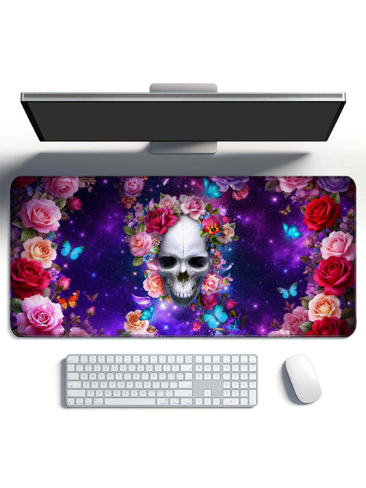Skull With Vibrant Floral Wreath & Butterflies In Purple Galaxy Desk Mat