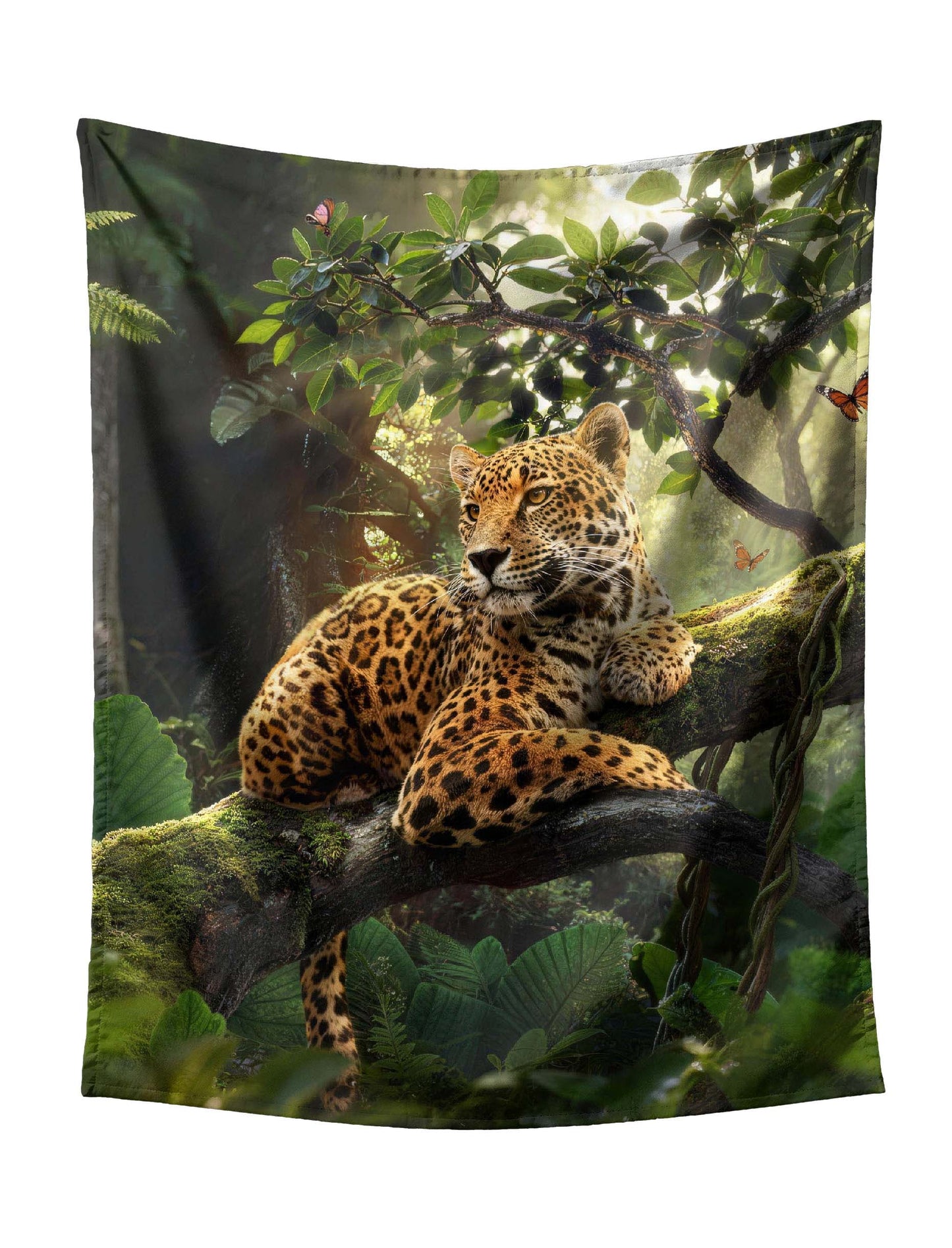 Leopard Resting On Mossy Tree Branch In Lush Jungle Tapestry - Relaxed Wildlife Wall Hanging with Butterflies for Cozy Home Decor