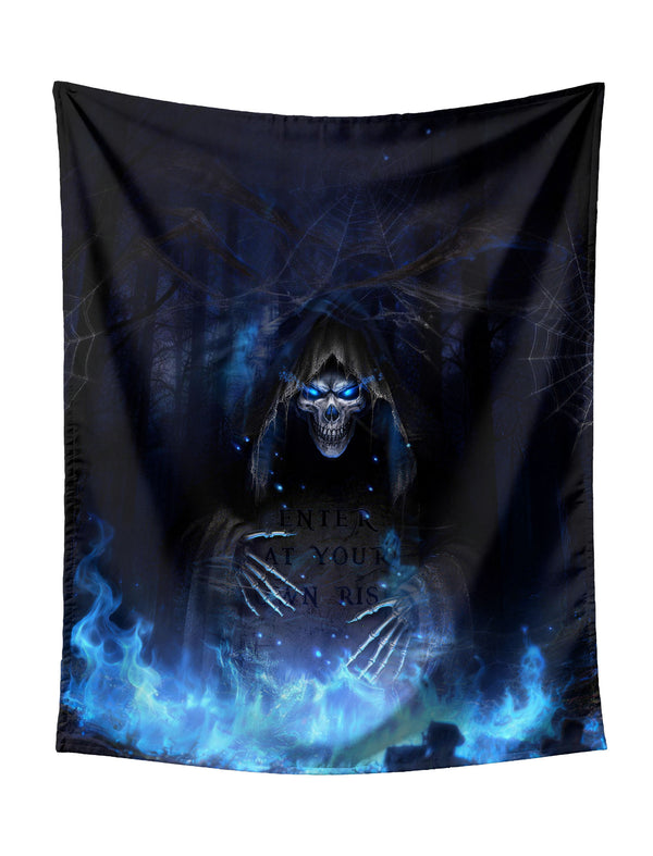 Grim Reaper Skull In Graveyard With Blue Flames Tapestry - Ominous Dark Fantasy Wall Hanging for Gothic Home Decor