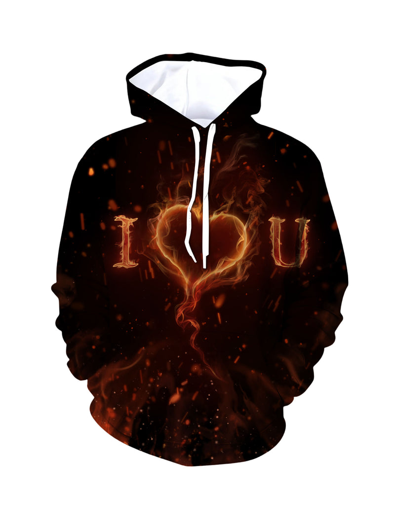 Unisex 3D All Over Print Hoodie Flame Heart I Love You Aesthetic Streetwear Soft Cotton Blend