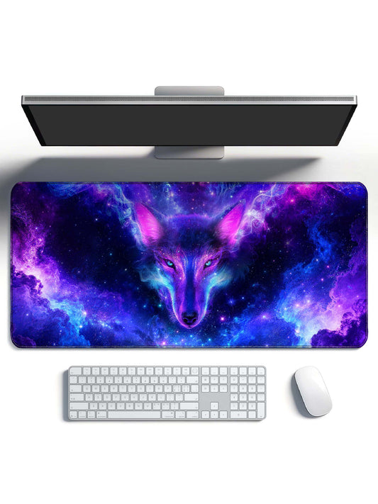 Front Facing Cosmic Wolf With Nebula & Glowing Eyes Desk Mat