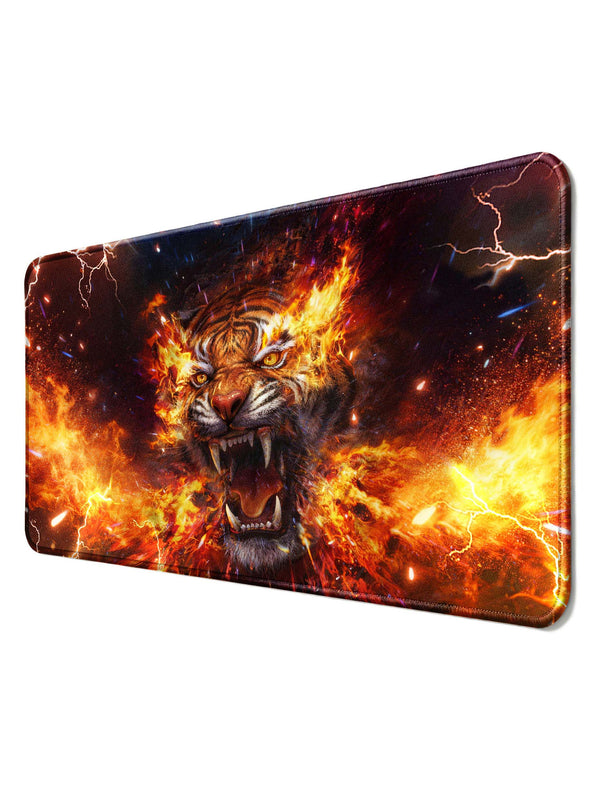 Fiery Tiger Roaring With Lightning & Flames Large Gaming Desk Mat