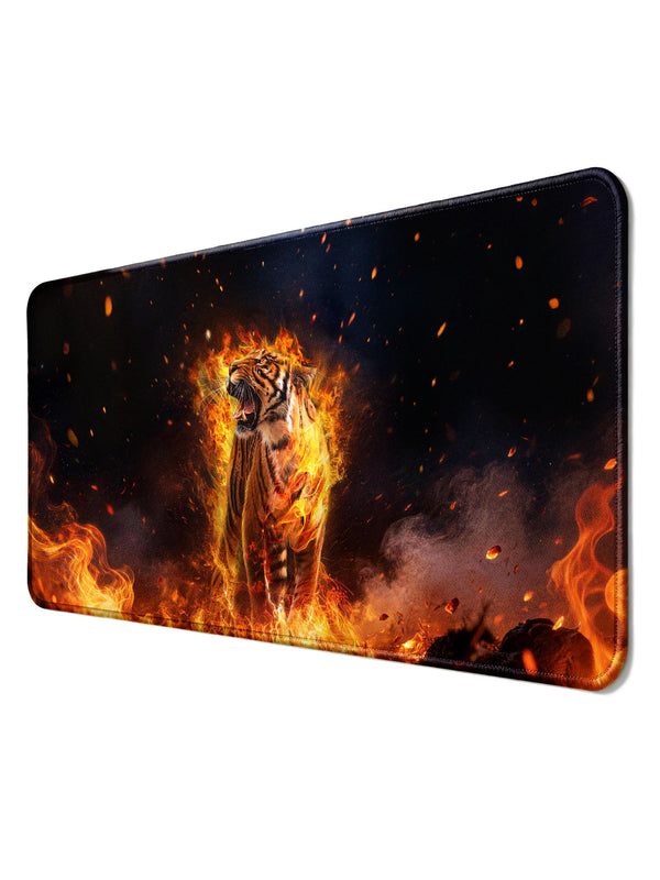 Flaming Tiger Standing Tall In Burning Ashes Large Desk Mat