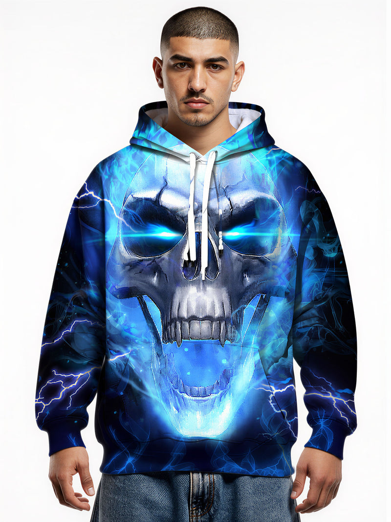 Men Women 3D All Over Print Skull Lightning Hoodie Glow Blue Horror Style Sweatshirt