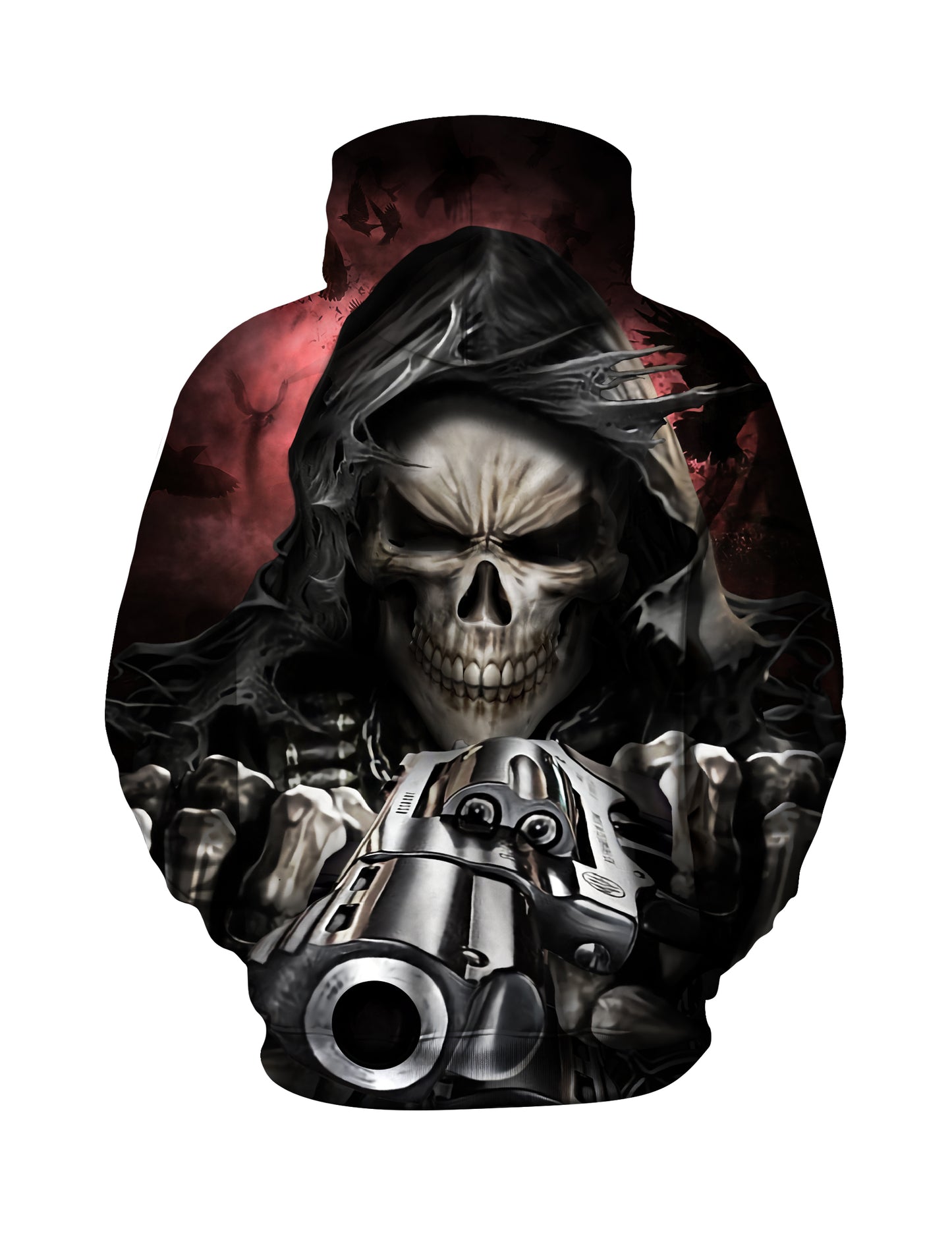 Edgy Grim Reaper Skull Revolver All Over Print Streetwear Hoodie