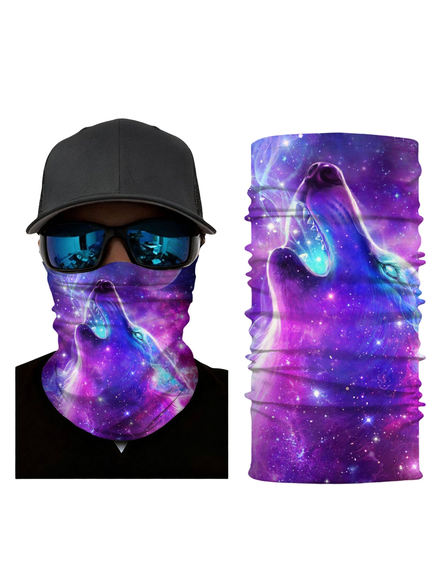 Neck Gaiter with 3D all over print galaxy nebula howling wolf design, Aesthetic style, unisex, soft stretchy, UV protection