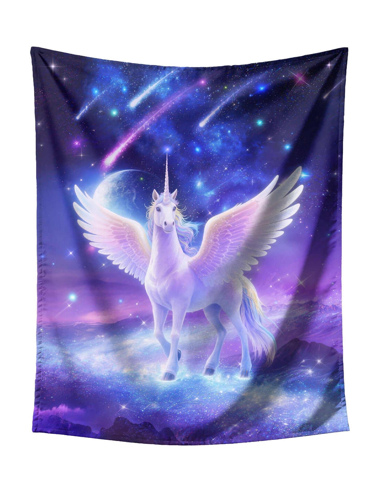 Winged Unicorn (Pegacorn) on Cosmic Galaxy with Shooting Stars & Planets Tapestry - Mystical Fantasy Wall Hanging for Bold Home Decor