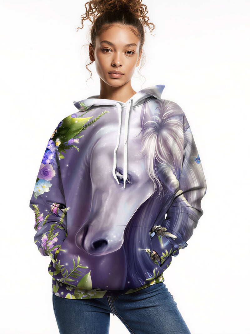 Unicorn 3D All Over Print Hoodie for Women Men Soft Comfortable Loose Fit Fantasy Floral Design