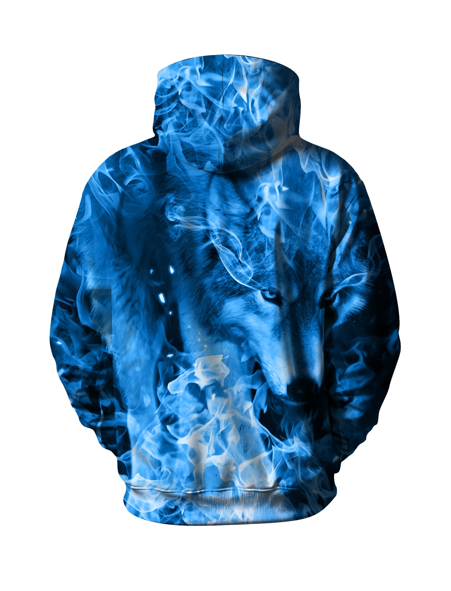 3D Print Blue Flame Wolf Head Hoodie Unisex Loose Fit Streetwear Sweatshirt