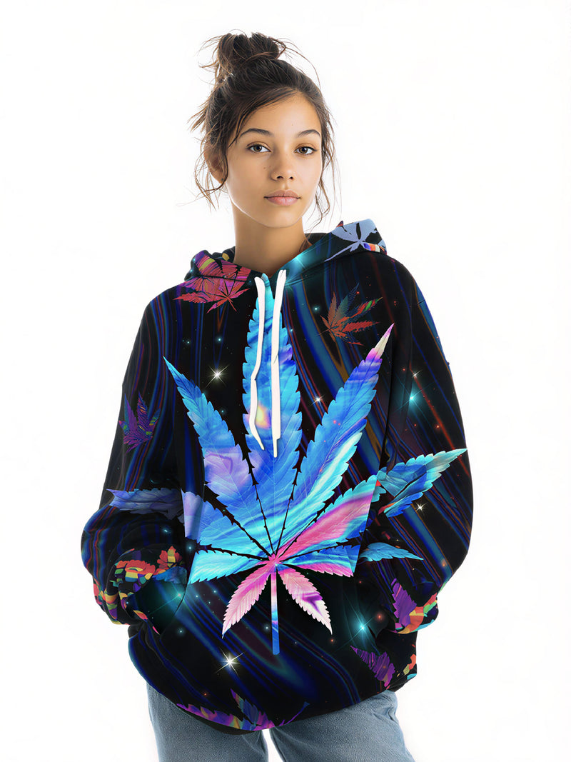 Unisex Pullover Hoodie with 3D All Over Print featuring Psychedelic Cosmic Cannabis Leaf, Y2K Aesthetic Streetwear, Soft Cotton Blend, Loose Fit for Men and Women