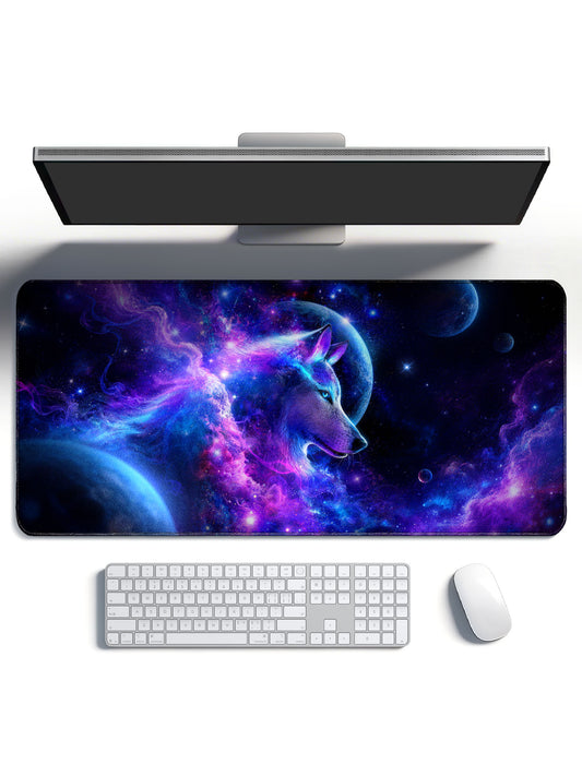 Side Profile Cosmic Wolf With Planets & Swirling Nebula Desk Mat