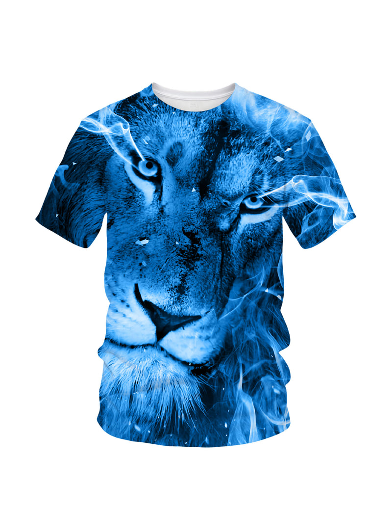 3D All Over Print Lion T-Shirt for Men Women Blue Flame Art Style