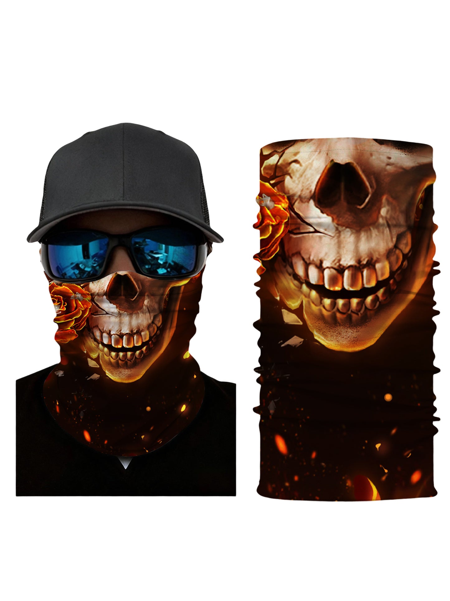 Tube Face Mask with 3D all over print graffiti skull and burning rose design, Streetwear style unisex neck gaiter, soft stretchy breathable fabric for outdoor use