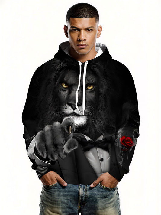 Lion in Tuxedo 3D All Over Print Hoodie for Men Women with Red Rose Style