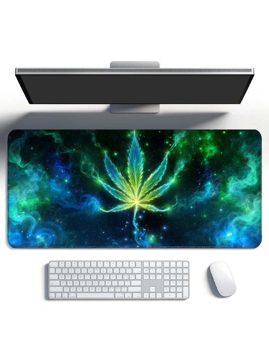 Glowing Cannabis Leaf In Cosmic Nebula Gaming Desk Mat
