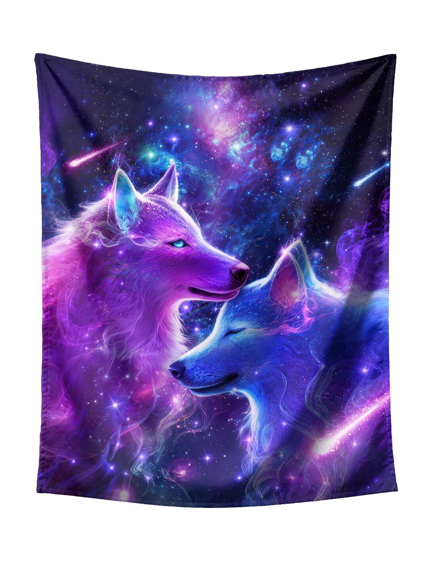 Pair of Snuggling Cosmic Wolves (Purple-Blue Gradient) on Starry Galaxy with Shooting Stars Tapestry - Mystical Fantasy Wall Hanging for Bold Home Decor